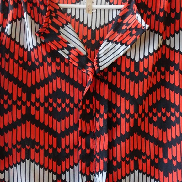 Poema geometric red grey black boho tunic top S SM Small - Picture 9 of 12